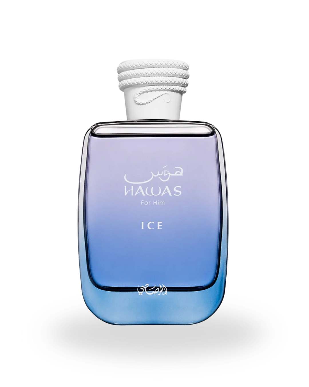 Bottle of Rasasi Hawas Ice Eau de Parfum, a refreshing men’s fragrance with citrus, aquatic, and musky notes.