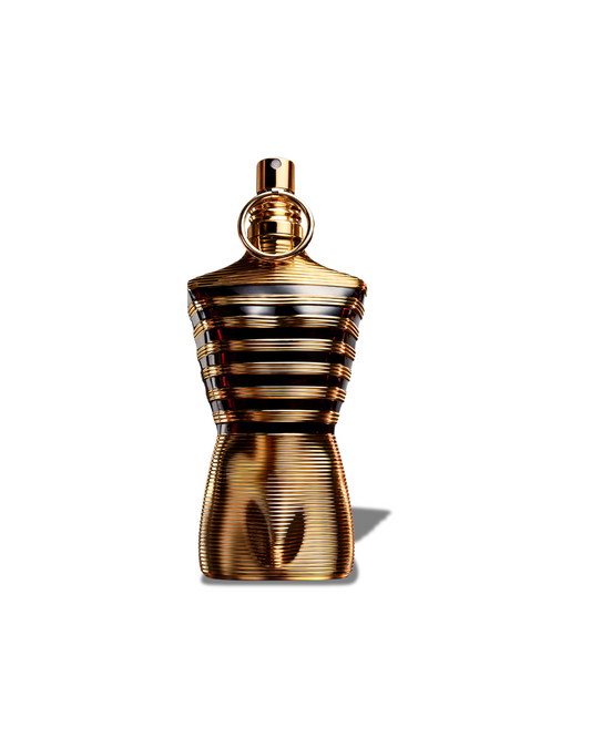 Bottle of Le Male Elixir by Jean Paul Gaultier – an intense, sweet, and smoky men's fragrance in a sculpted torso design.